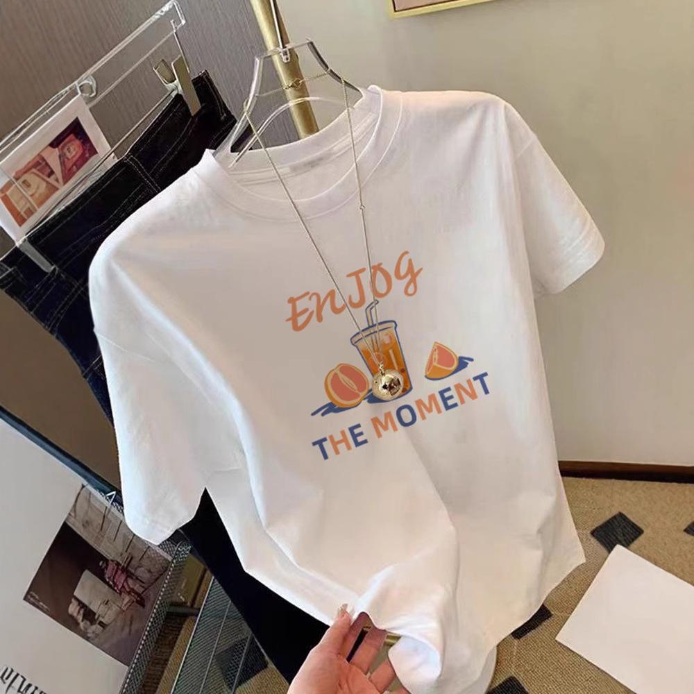 Regular loose fashion printed short-sleeved t-shirt women's pure cotton 2025 new bottoming shirt summer ins trendy white top