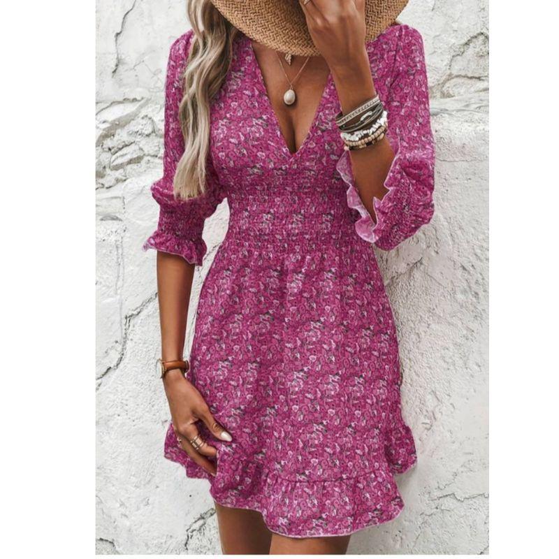 Sweet Summer Fashion Wind Depth V Neck Elastic and Waisted Floral Flounce Half-Length Sleeve Dress 6 Colors Female Dress