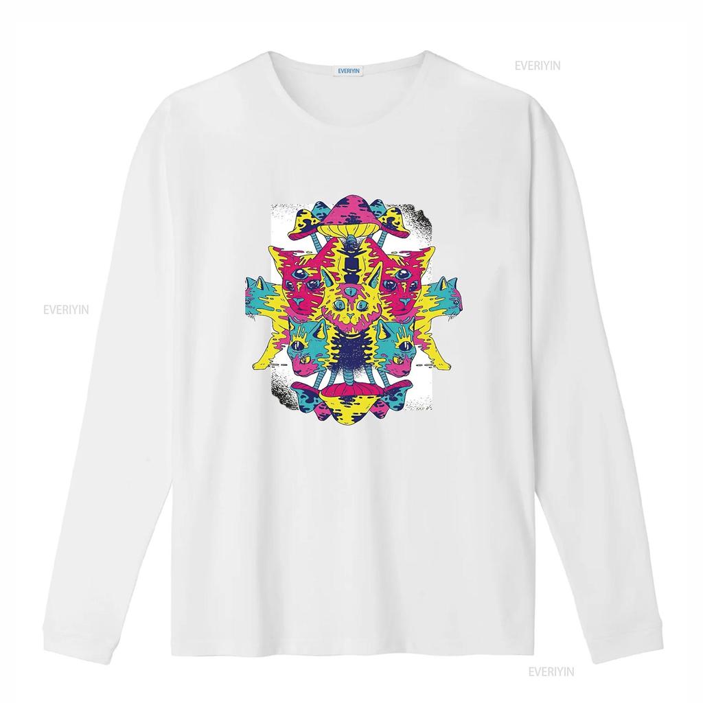Herren Ideen für Katzenliebhaber Psychedelische Kätzchen und Pilze Design Schwarz Mehrfarbig T-Shirt vintage Gewaschen Dehnbar Stilvoll