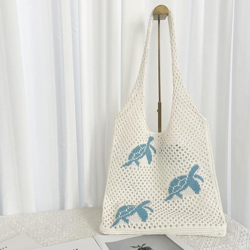 Yogodlns Trendy Large Capacity Crochet Tote Bag Turtle Korean Style Hollow Woven Bag Polyester Embroidered Knitting Handbag Daily turtle бежевый