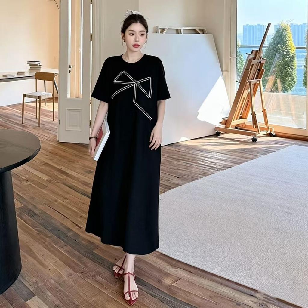 2026 Korean High-end Printed T-shirt Skirt Women's Summer Plus Long Over-knee Loose and Thin Lazy Dress Long Dress