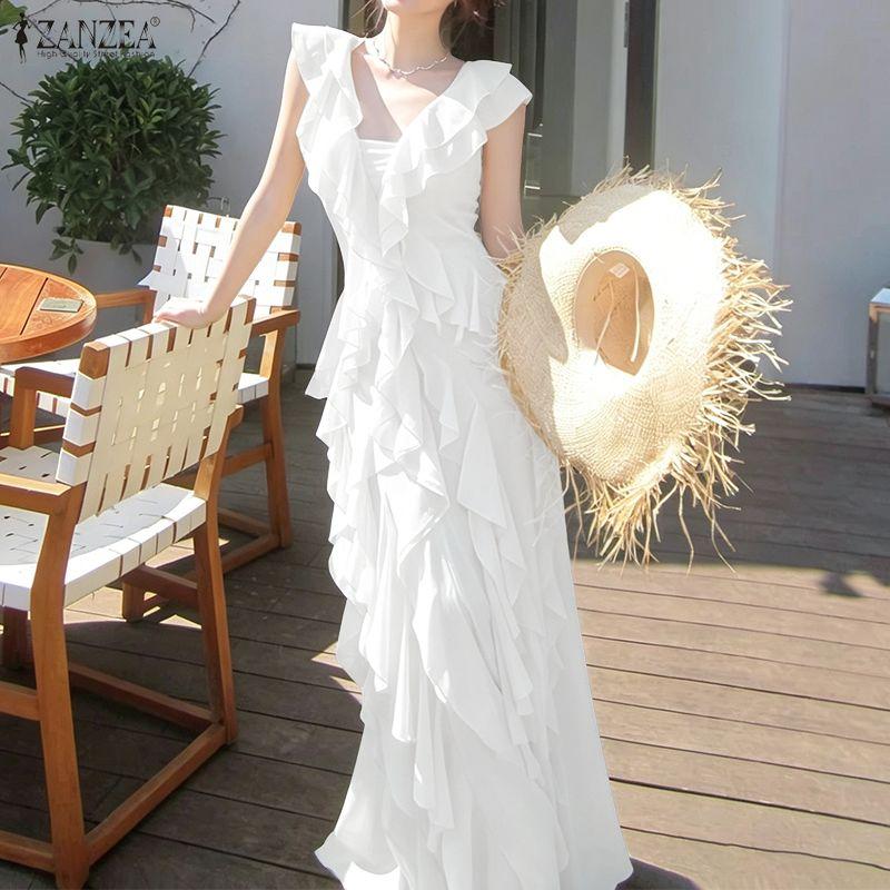 ZANZEA Women Casual V-Neck Sleeveless Ruffles Long Dress Holiday