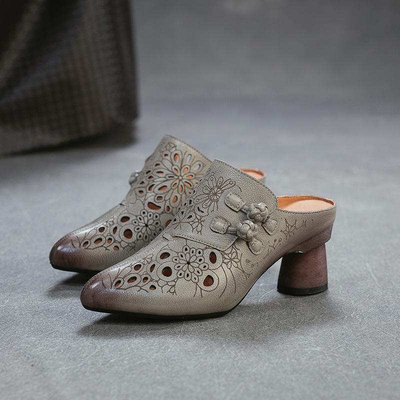 Johnature Genuine Leather Retro Ethnic Style High Heels Pointed Toe Slippers Versatile Women's Shoes