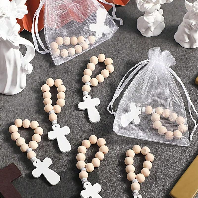 Rosary Loose Wooden Catholic Prayer Rosary With Cross Wooden Cross Pendant White Mesh Bag Used For Baptism First Communion Confirmation