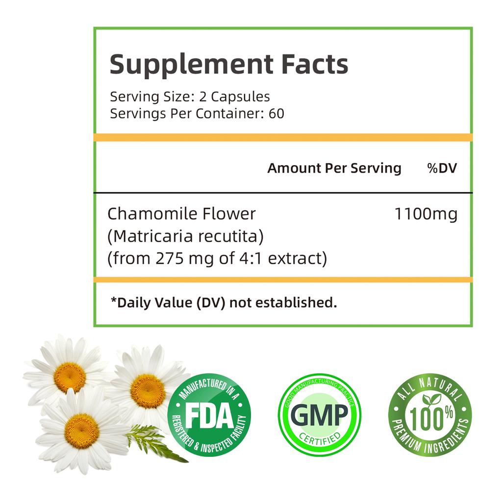 Chamomile extract capsules, natural supplement, 1100 mg per serving, suitable for both men and women.