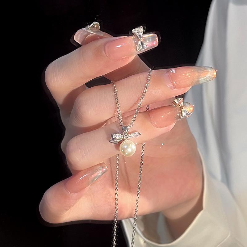Imitation Pearl Bow Necklace Women's Light Luxury Ins French Stainless Steel Clavicle Chain