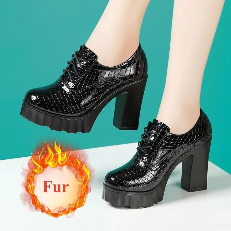 

10см Маленький Размер 32-43 Качественная Натуральная Кожа Оксфорды с Глубоким Вырезом и Мехом 2025 Осень Туфли-Лодочки на Блочном Высоком Каблуке Платформа Модель 39