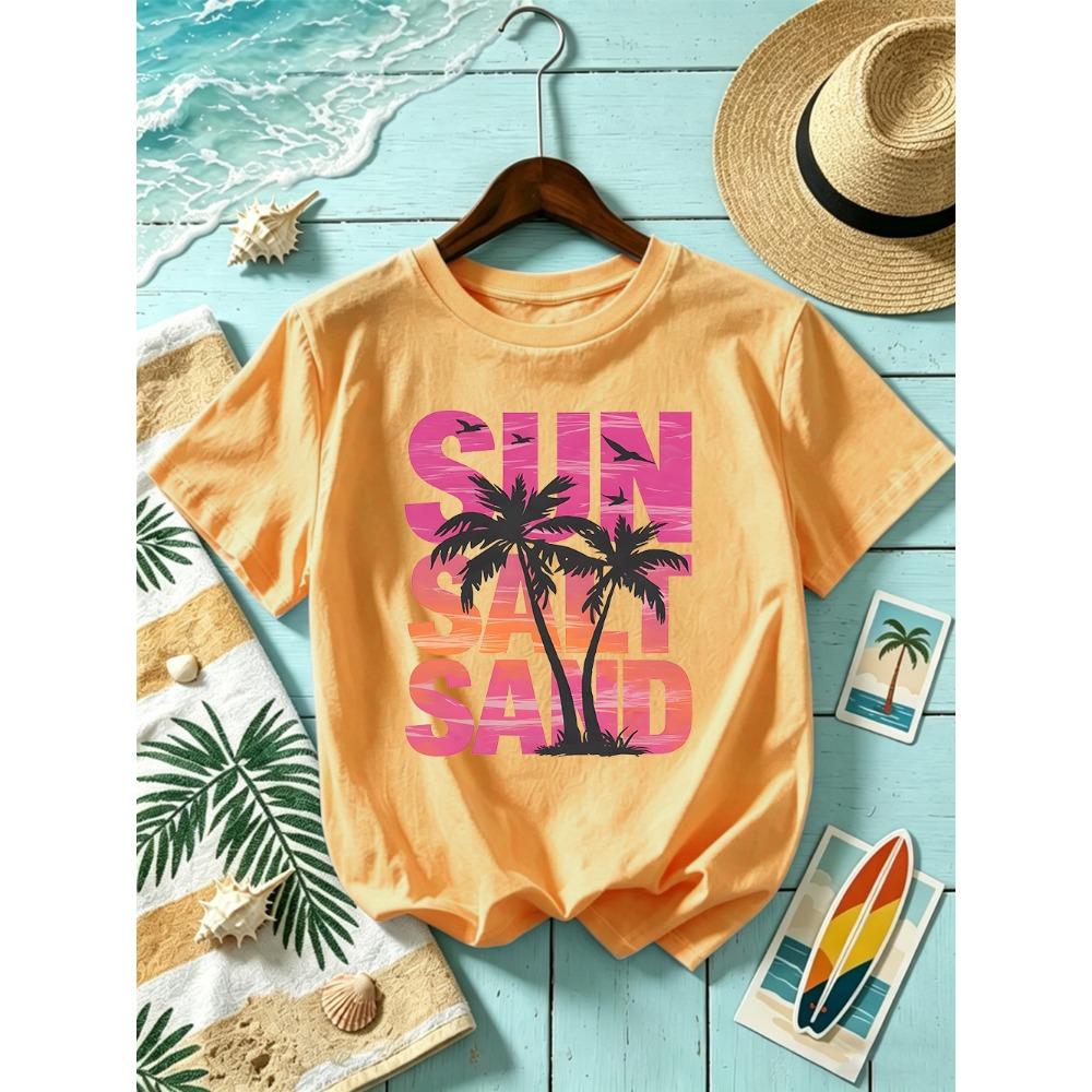 Sun Salt Sand Coconut Tree Prints T-Shirts Womens Summer Short Sleeve T Shirt O-Neck Oversized Tops Basic Soft Clothes