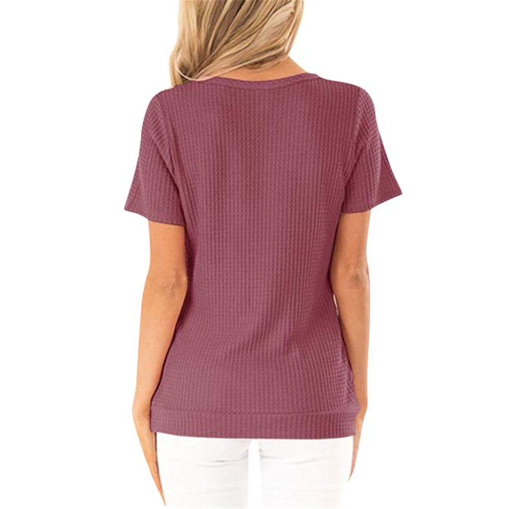 Women Buttons Dide Decor Wrapped V Neck Short Sleeve Shirt