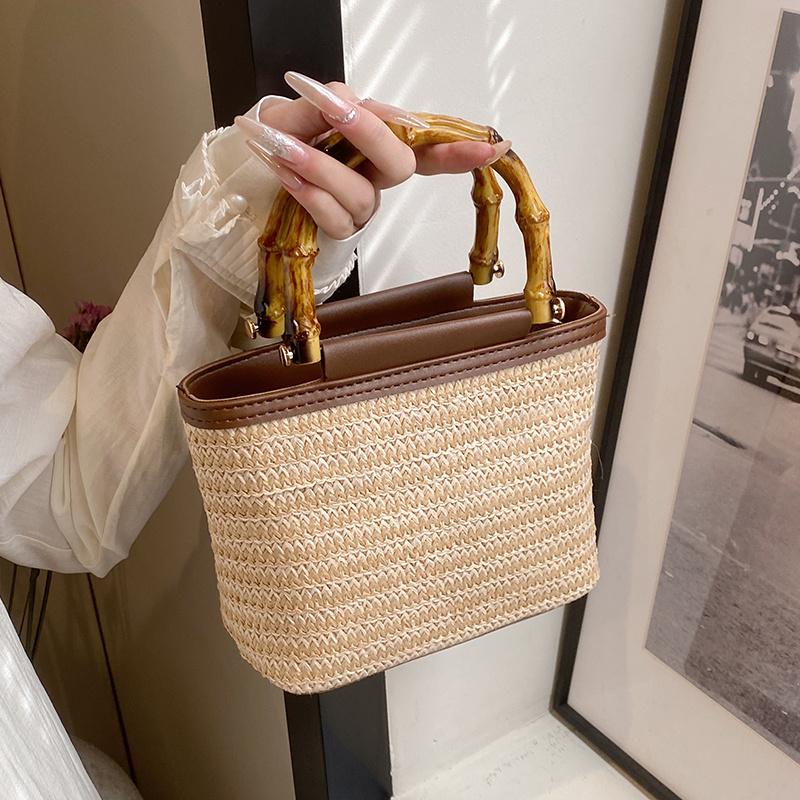Weaving Bag Summer New Bamboo Handle Tote Straw Bag Niche Simple Shoulder Crossbody Bucket Bag Women's Bag AVE