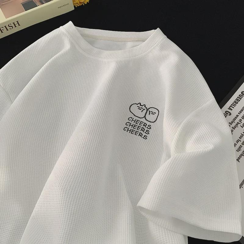 Men's Summer Waffle Knit Ice Silk Short-Sleeve Embroidered T-Shirt - Korean Fashion, Loose Fit, American Heavyweight.