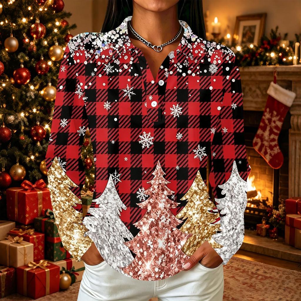 Women's Casual Christmas Print Button Down Long Sleeve Shirt with Collar and Side Slits