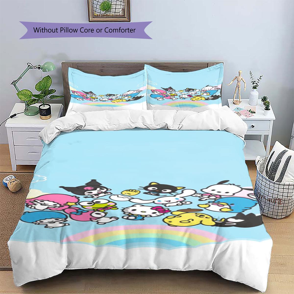 Three-piece cartoon Sanrio character printed bed set without cores, soft and breathable, for home use. 135x200cm