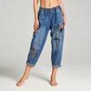 Women Plus Size Elastic Waist Cropped Jeans Floral Cat Leaf Embroidery Patchwork Loose Harem Denim Capri Pants Casual Daily Trousers
