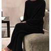 Women's Loose Fit Two-piece Suit Long Sleeve Knit Top Elastic Waist Wide Leg Pants