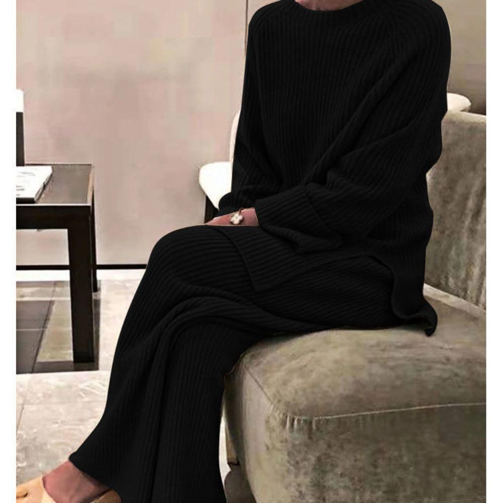 Women's Loose Fit Two-piece Suit Long Sleeve Knit Top Elastic Waist Wide Leg Pants