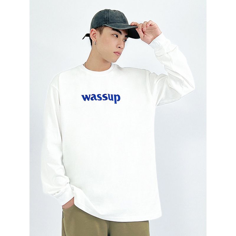 Wassup Heods Chinese Style Long-Sleeve T-Shirt for Men, Autumn and Winter Basic Pure Cotton Base Shirt, Heavyweight American-Style Crew Neck