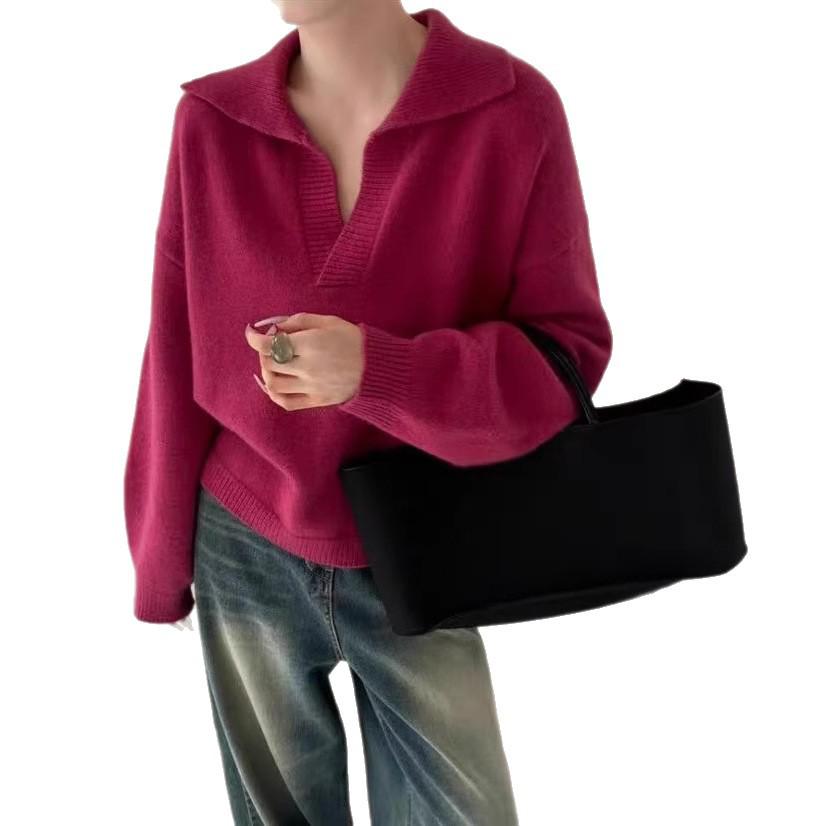 Old Money Style Women's Loose Wool Polo Neck Sweater - Autumn/Winter Knit Top