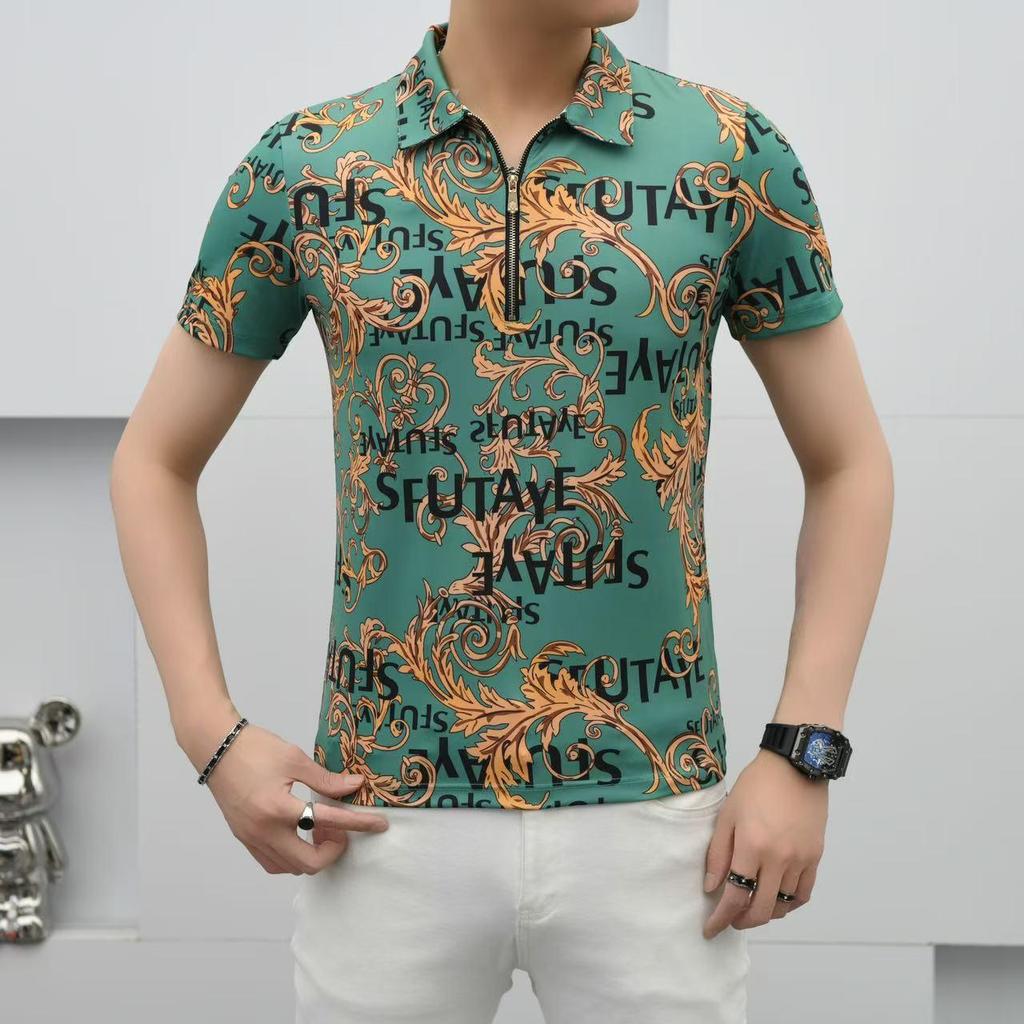 2025 Summer New Retro Trend Men's Full Floral Print Thin Half-Zip Slim Fit Short Sleeve Top