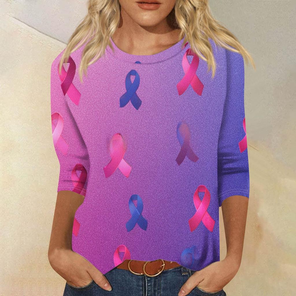 Women's Fashion Casual Seven Split Sleeve Printed Loose Round Neck Top