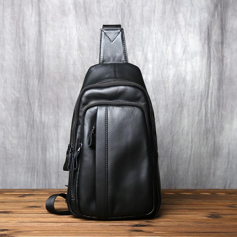 

NZPJ Trendy Leather Men s Chest Bag Casual Shoulder Bag Natural Cowhide Messenger Bag Black Small Backpack For 8 Inch Tablet