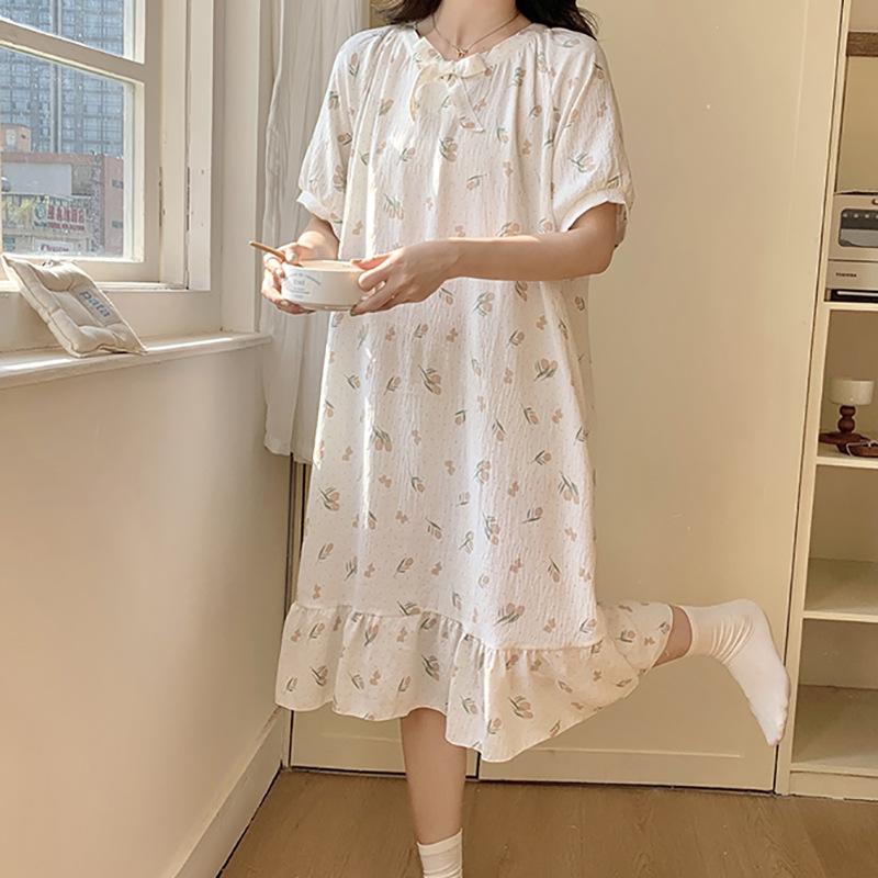Sweet nightdress ladies cloud cotton summer loose short sleeve dress medium long princess style cute lace pajamas