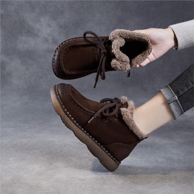 Johnature Zimowe Grube Pluszowe Ciepłe Bawełniane Buty Skóra Naturalna Retro Wygodne Miękka Podeszwa Damskie Płaskie Botki