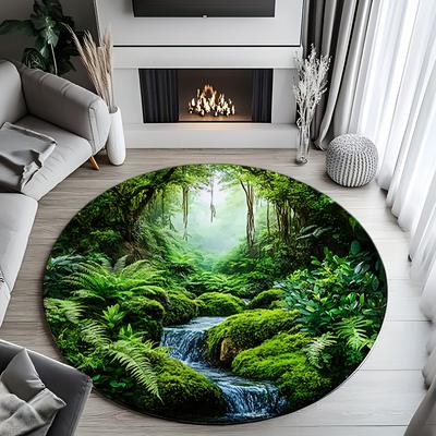 Forest Stream Round Flannel Rug Printed Nature Scene Floor Mat for Living Room Bedroom Kids Play Area Soft Non Slip Home Decor