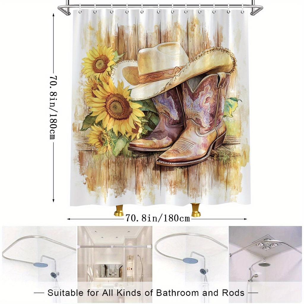 Western Rustic Cowboy Shower Curtain-Realistic Painterly Style, Brown Boots & Hat, Yellow Sunflowers, Textured Wood Background,