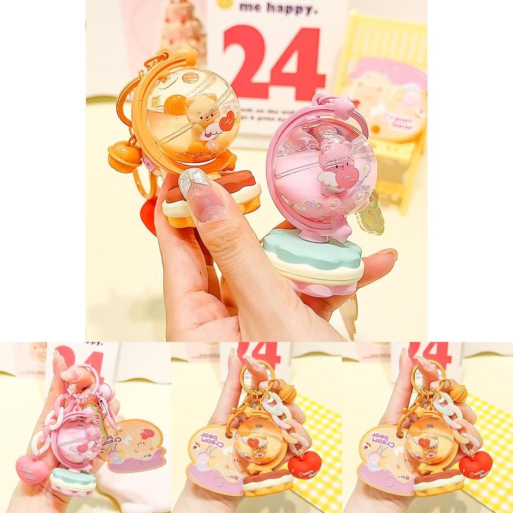 Playful Cartoon Cream Bear Globe Acrylic Keychain Perfect For Unique Key Accessories