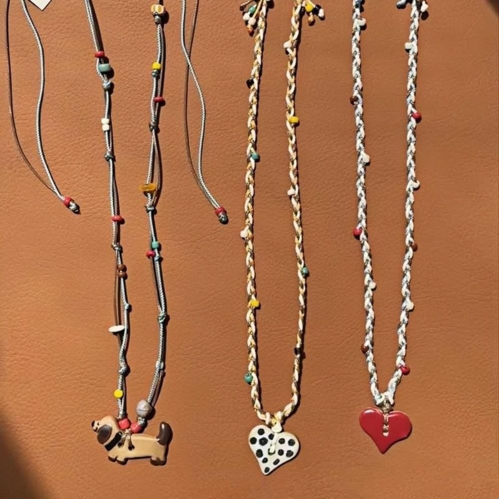 Süßer Liebes-Welpen-Anhänger Halskette Retro Geflochtene Kordel Naturstein Pullover Kette Halskette Für Frauen Schmuck Zubehör