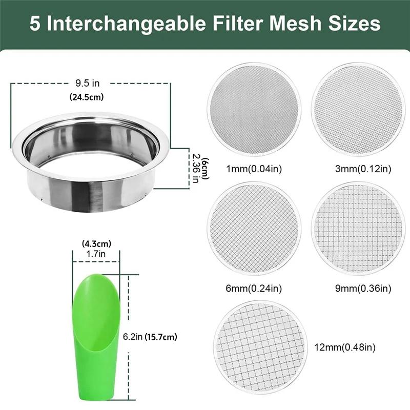 Stainless Steel Soil Sieve Set with 5 Interchangeable Meshes,Multifunctional Garden Sifter for Compost,Sand,Bonsai
