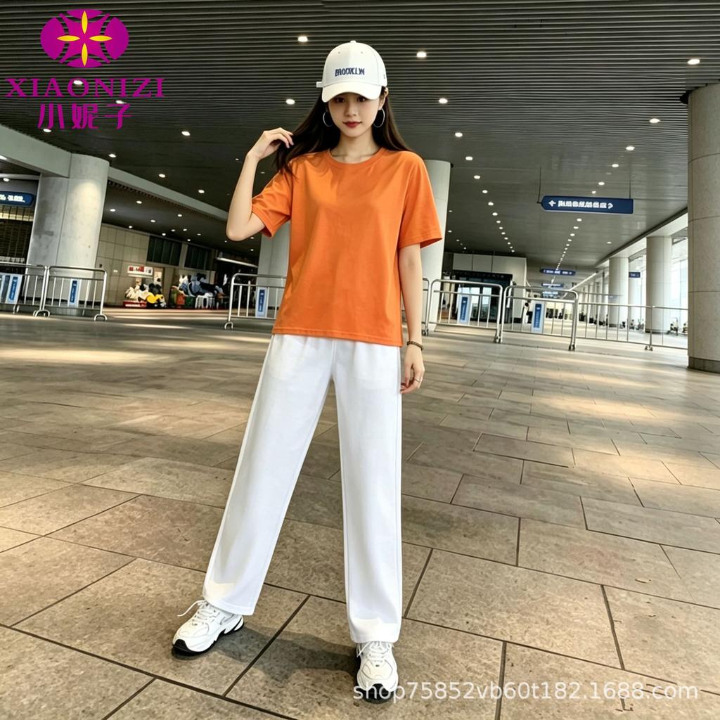 Summer clothing large size sportswear foreign style new women's pure cotton short-sleeved loose top thin straight pants two-piece set