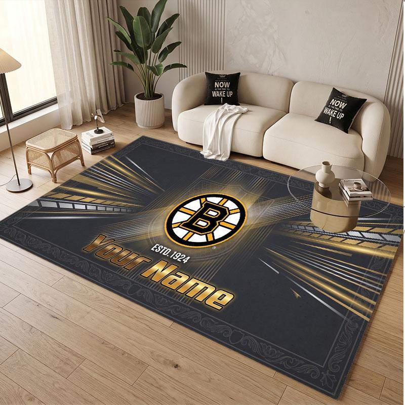 Benutzerdefinierter Teppich Boston Bruins Muster Druck Name Text Weicher Rutschfester Bodenbelag für Heim-Innenraumdekoration