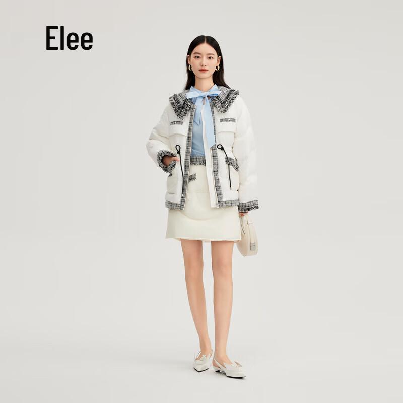 Aolaiyi Damen Kurze Color-Block Tweed Daunenjacke