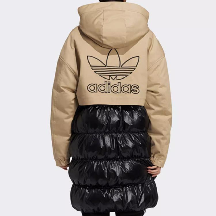 Adidas Originals Layered Parka Color Block Spliced Large Logo Mid-Length Hooded Down Jacket Women Outerwear Khaki HF1585