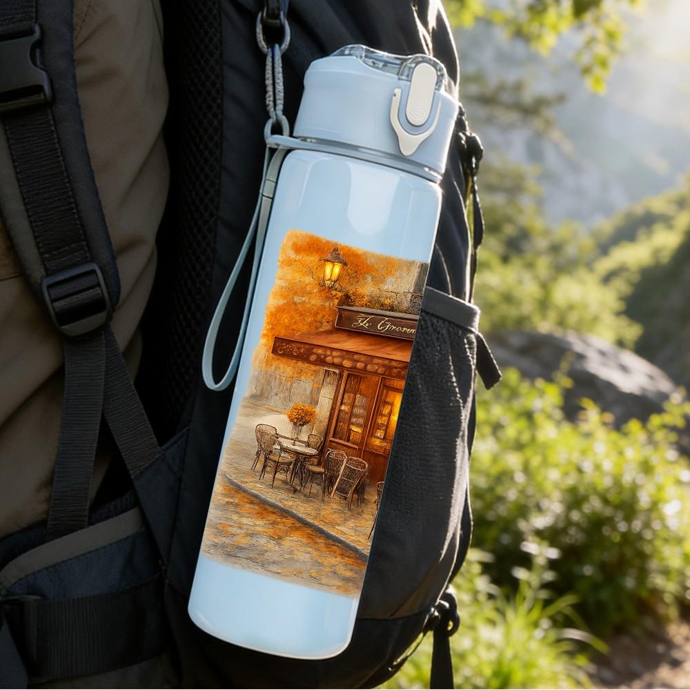 1PC Vintage Street Cafe Night View 750ml Color Plastic Sports Water Bottle Leakproof Flip Straw Lid Suitable for Sports Office Home Use