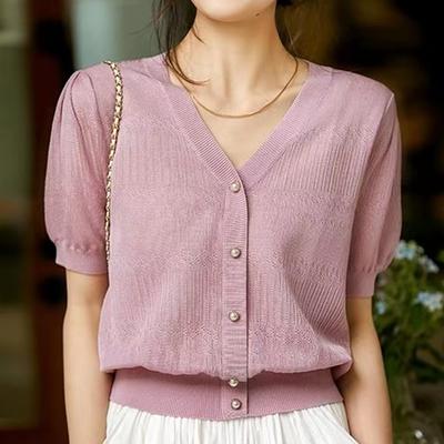 Fashion New Summer Short Sleeve V-Neck Casual Knitted Shirt Women Tops J406