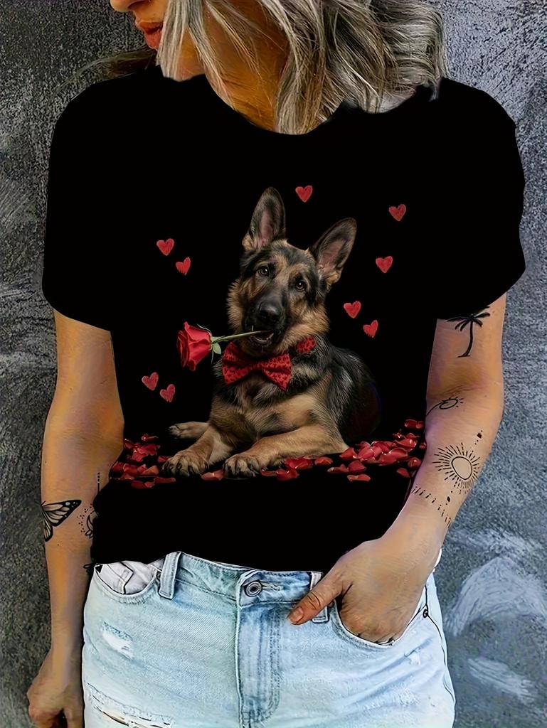 Women's Tops 2026 Trend T Shirt 3D Dog Graphic Printing Summer Breathable Round Neck Short Sleeved Top Fashion Clothes for Woman