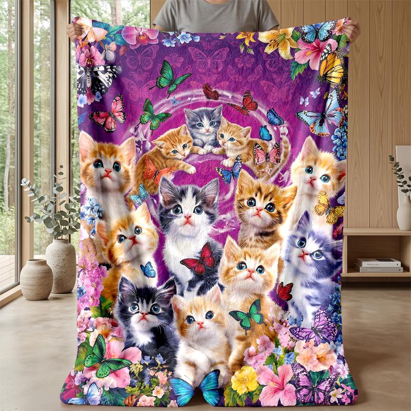Butterflies and Kittens Garden blanket Personalized Name Flannel Blanket Soft Cozy Plush Throw for Sofa Bed Lightweight Home Decor
