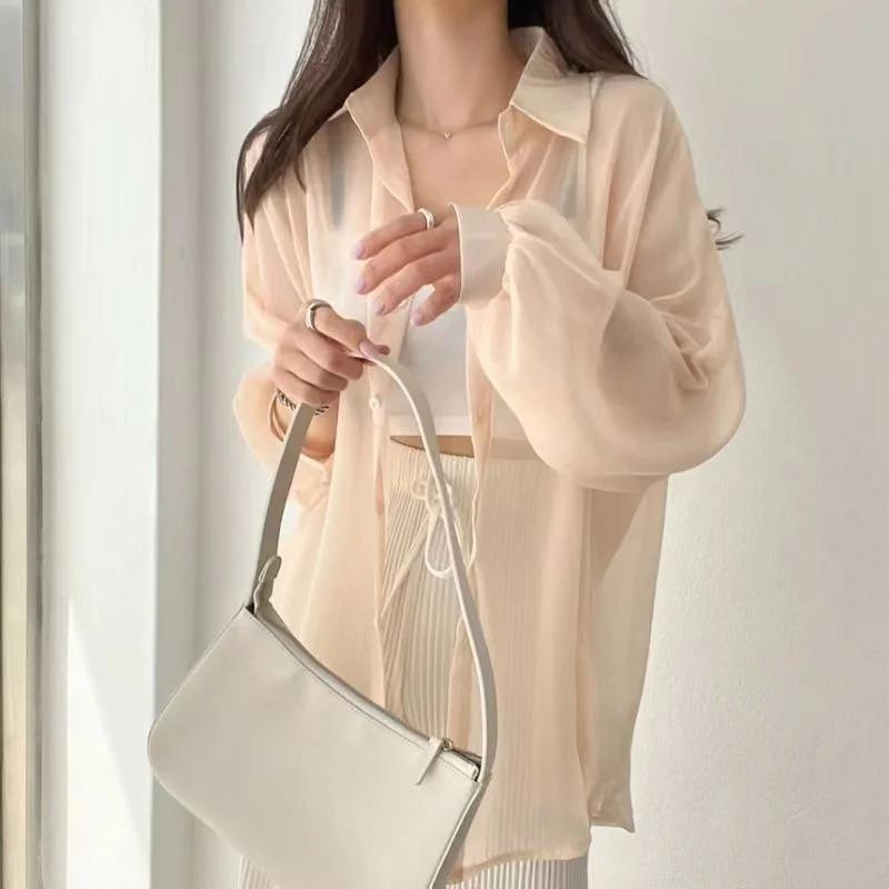 Colors Shirts Women Sheer Thin Chic Summer Simple Solid Sun-proof Temper Fashion Baggy All-match Basic Korean Style Clothes