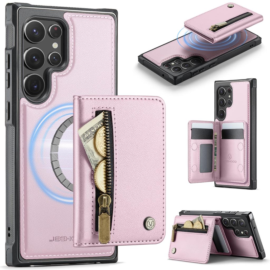 For Samsung Galaxy S22 Ultra 5G Case JEEHOOD J12 Magnetic Detachable Zipper Wallet Kickstand Leather Back Cover Magnetic Case