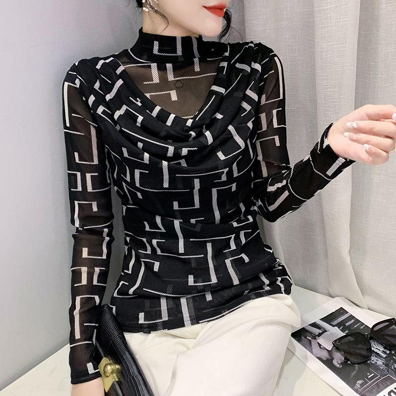 Retro Mesh Base Shirt for Women with Cross V-neck Fashionable Long-sleeved T-shirt Shirt Slim-fitting Dance Top