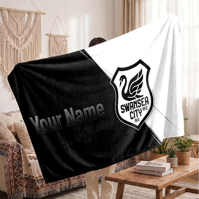 Swansea City FC Personalisierte Fleecedecke Mit Fußballlogo, Individueller Name Text Weich Warm Zuhause Überwurfdecke