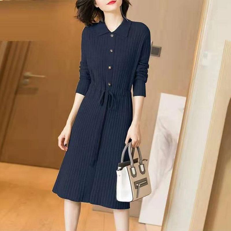 Vintage Basic Solid Color Knitted Midi Dress Autumn Winter Turn-down Collar Button Female Clothing Fashion Drawstring Dresses