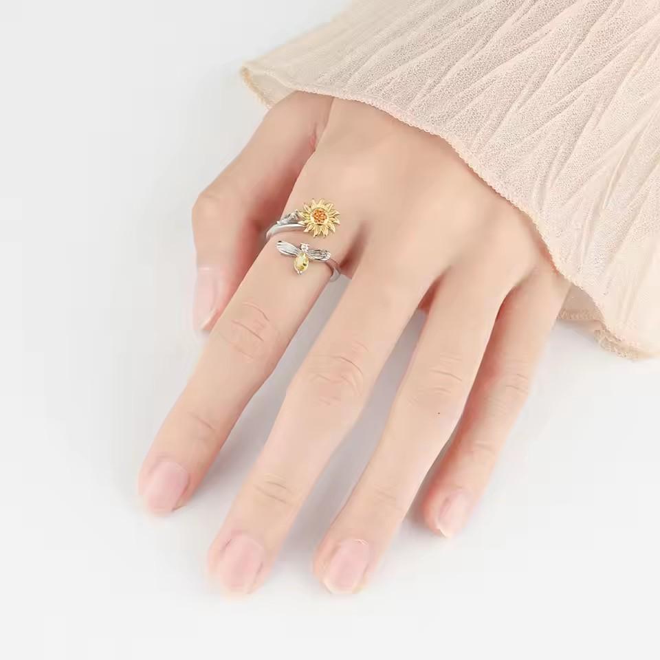 Anello Antistress Ansia Rotante Fiore per Donna Zircone Animale Ape Anello Spinner Metallico Regolabile Ragazza Festa Gioielli alla Moda