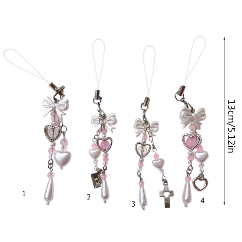 Sweet Bowknot Phone Chain Ornament Heart Beaded Cellphone Pendant Phone Lanyard Bag Ornament for Fashion Individuals