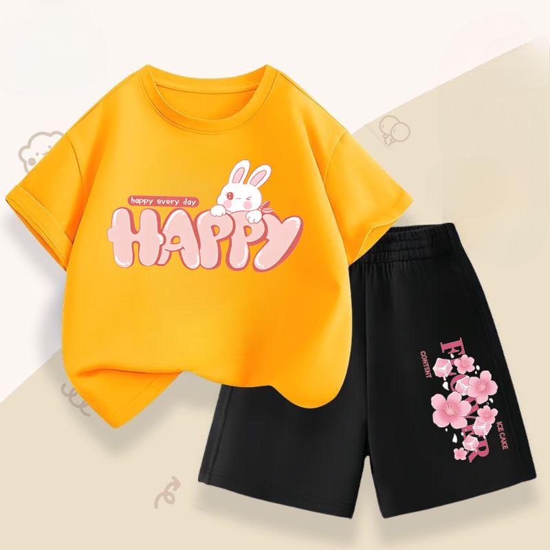 Summer Girls' Casual Set: Cute Rabbit Print Breathable T-shirt + Short-sleeved Pants Fashionable and Comfortable Set