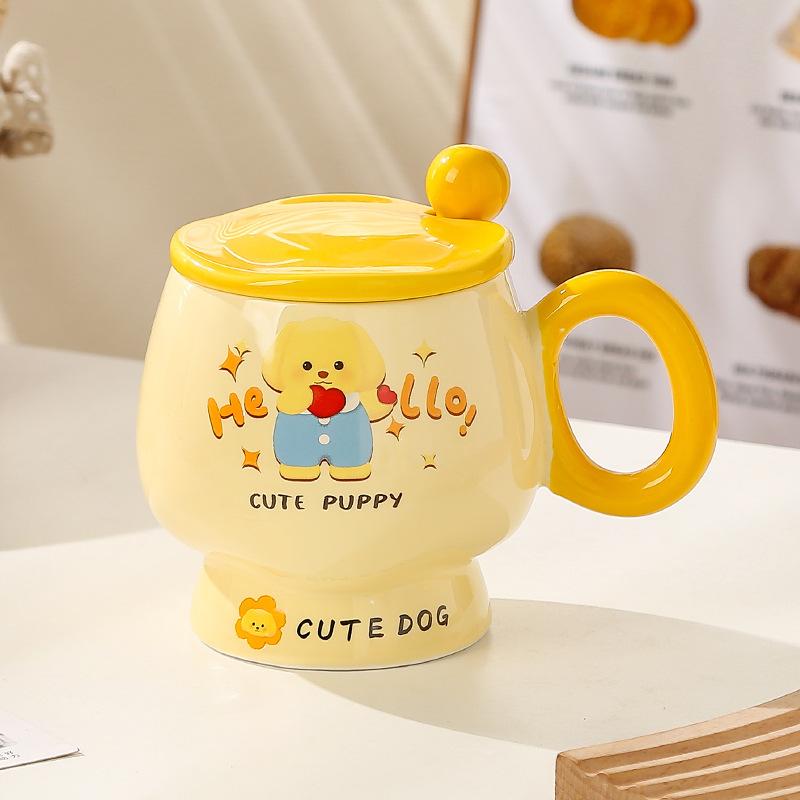 Cană de desene animate cu capac și linguriță, cană ceramică drăguță pentru fete cu aspect deosebit, cană pentru apă pentru acasă, cană pentru cafea, cană pentru micul dejun pentru copii