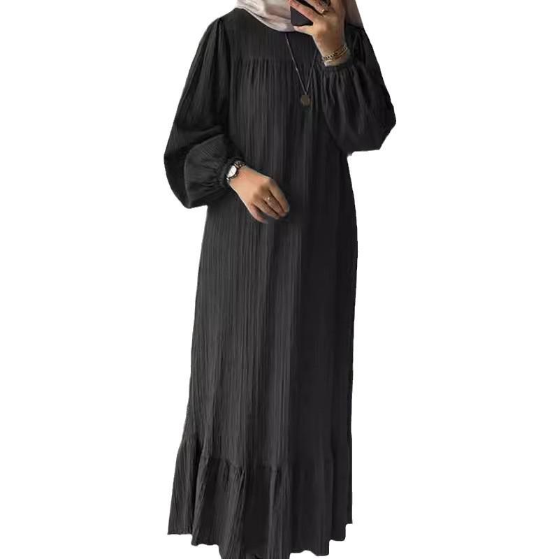 2024 Spring/Autumn Puff Sleeve Retro Ruffle Hem Dress for Muslim Women